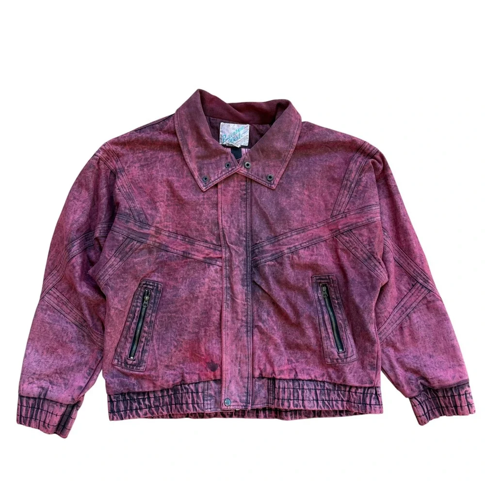 Vintage Rainbow West Acid Wash Cotton Bomber Jacket Burgundy Red XL Mens 80s 90s